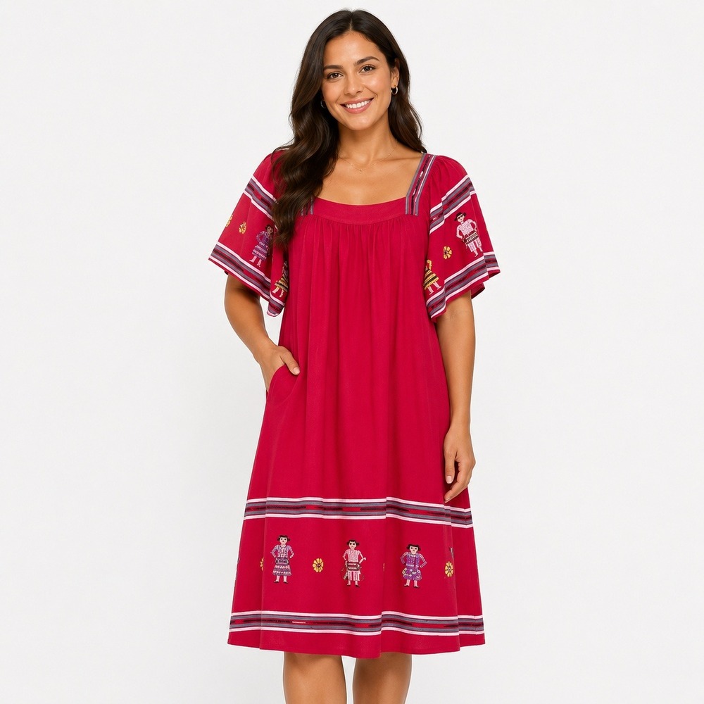 Vintage Big Jacal Guatemala Red Folk Art Dress Womens M Cotton Embroidered Boho